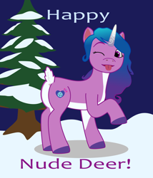 Size: 2400x2800 | Tagged: safe, artist:nebbie, imported from derpibooru, izzy moonbow, deer, deer pony, original species, unicorn, anus, butt, female, g5, looking at you, nudity, one eye closed, plot, raised leg, simplistic anus, snow, solo, tongue out, tree, wink