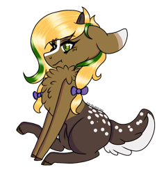 Size: 868x921 | Tagged: safe, artist:bluebellrosethepony, imported from derpibooru, oc, oc only, oc:vittaria black, deer, deer pony, hybrid, original species, pony, bow, chest fluff, hair bow, parent:bada nevada, parent:vermont black, pouting, sitting, solo, spots