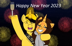 Size: 4040x2602 | Tagged: safe, artist:lynnthenerdkitty, imported from derpibooru, oc, oc:brooke, alicorn, pony, unicorn, alcohol, alicorn oc, bumblebee (transformers), champagne, champagne glass, fireworks, happy new year, holiday, horn, irl sona, me, special, transformers, unicorn oc, wine, wings