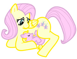 Size: 413x317 | Tagged: safe, artist:wilow, imported from derpibooru, fluttershy, pegasus, pony, caring, duo, female, fluttermom, foal, folded wings, looking down, lying down, mare, mother and child, motherly, prone, simple background, smiling, white background, wings