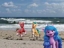 Size: 2048x1536 | Tagged: safe, artist:jaredking779, edit, imported from derpibooru, hitch trailblazer, izzy moonbow, sprout cloverleaf, earth pony, pony, unicorn, beach, female, florida, g5, irl, male, mare, my little pony: a new generation, photo, ponies in real life, sand, stallion, stock vector, story included, trio, west palm beach