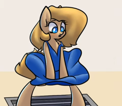 Size: 480x415 | Tagged: safe, artist:slavedemorto, edit, imported from derpibooru, oc, oc only, oc:backy, earth pony, bipedal, blue dress, clothes, cropped, dress, earth pony oc, female, mare, marilyn monroe, skirt blow, the seven year itch