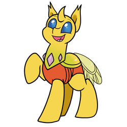 Size: 1300x1300 | Tagged: safe, artist:paperbagpony, imported from derpibooru, oc, oc only, oc:ren the changeling, changedling, changeling, derpibooru community collaboration, 2023 community collab, changedling oc, changeling oc, open mouth, open smile, raised hoof, simple background, smiling, solo, transparent background, yellow changeling