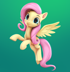 Size: 1650x1687 | Tagged: safe, artist:luminousdazzle, edit, imported from derpibooru, fluttershy, pegasus, pony, 3d, 3d model, cute, female, flying, g4, gradient background, looking at you, mare, shyabetes, smiling, solo, source filmmaker