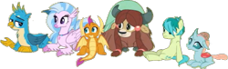 Size: 637x194 | Tagged: safe, artist:pascalmulokozi2, edit, edited screencap, imported from derpibooru, screencap, gallus, ocellus, sandbar, silverstream, smolder, yona, changeling, dragon, griffon, hippogriff, pony, yak, school daze, background removed, female, lying down, male, mare, not a vector, prone, simple background, sitting, student six, transparent background