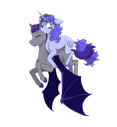 Size: 2494x2704 | Tagged: safe, artist:paskanaakka, derpibooru exclusive, imported from derpibooru, oc, oc only, oc:dartwing, oc:midnight dew, bat pony, pony, unicorn, derpibooru community collaboration, 2023 community collab, bat pony oc, bat wings, colored hooves, couple, female, flying, horn, mare, oc riding oc, ponies riding ponies, riding, simple background, transparent background, unicorn oc, unshorn fetlocks, wings