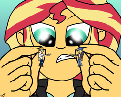 Size: 1164x932 | Tagged: safe, imported from derpibooru, flash sentry, sunset shimmer, oc, oc:vanilla beam, equestria girls, angry, argument, bickering, female, larger female, male, shrinking, size difference, smaller male