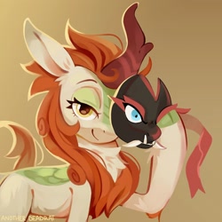 Size: 2048x2048 | Tagged: safe, artist:anotherdeadrat, imported from derpibooru, autumn blaze, kirin, brown background, female, lidded eyes, looking at you, mask, simple background, smiling, smiling at you, solo