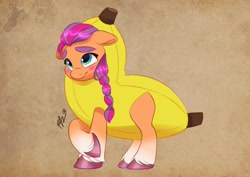 Size: 2048x1448 | Tagged: safe, artist:artharuhi, imported from derpibooru, sunny starscout, earth pony, pony, spoiler:g5, spoiler:my little pony: tell your tale, spoiler:tyts01e21, banana, banana costume, blushing, braid, braided ponytail, clothes, costume, cute, female, floppy ears, food, food costume, g5, mare, my bananas, my little pony: tell your tale, ponytail, sunnybetes, unshorn fetlocks