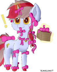 Size: 2538x3235 | Tagged: safe, artist:ilikeluna, imported from derpibooru, oc, oc only, oc:cinnamon lightning, pony, unicorn, bell, bell collar, bow, cat bell, collar, exclamation point, glowing, glowing horn, hair bow, hoof shoes, horn, levitation, magic, magic aura, mouth hold, ribbon, simple background, slim, tail, tail bow, telekinesis, thin, unicorn oc, white background