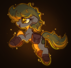 Size: 785x745 | Tagged: safe, artist:flixanoa, imported from derpibooru, oc, oc:karakusa, earth pony, adventurer, bag, boots, female, filly, floating, foal, glowing, gold, hoof boots, saddle bag, shoes, simple background, solo, sparkles