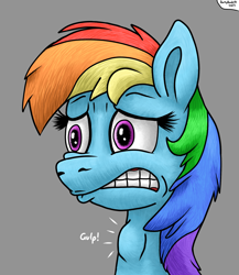 Size: 1674x1933 | Tagged: safe, artist:darkyboode32, imported from derpibooru, rainbow dash, pegasus, pony, bust, female, gray background, gulp, mare, neck bulge, onomatopoeia, scared, scaredy dash, signature, simple background, solo, swallowing, throat bulge, worried
