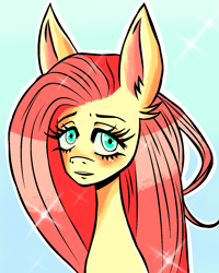 Size: 1080x1350 | Tagged: dead source, safe, artist:meyco, imported from derpibooru, fluttershy, ear fluff, female, gradient background, looking at you, mare, simple background, solo, sparkles