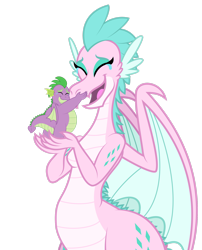 Size: 1920x2372 | Tagged: safe, artist:aleximusprime, imported from derpibooru, spike, oc, oc:queen chara, dragon, fanfic:go north young dragon, flurry heart's story, breasts, crying, dragon oc, dragoness, duo, duo male and female, eyes closed, fangs, fat, fat spike, female, holding a dragon, hug, in goliath's palm, lizard breasts, male, mother and child, mother and son, non-pony oc, older, older spike, open mouth, reunion, simple background, size difference, spike's mother, tears of joy, transparent background, wholesome, wide hips