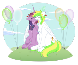 Size: 2625x2196 | Tagged: safe, artist:sparkie45, imported from derpibooru, oc, oc only, oc:ray of hope, oc:sparkie, alicorn, changeling, dragon, hybrid, pegasus, pony, balloon, birthday, clothes, duo, gift art, happy birthday, present, scarf, shipping, simple background, striped scarf, transparent background