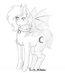 Size: 1312x1462 | Tagged: safe, artist:luna_mcboss, imported from derpibooru, oc, oc only, oc:lunar saintly, bat pony, pony, bat pony oc, bat wings, chest fluff, choker, clothes, collar, disguise, disguised changeling, ear fluff, ear piercing, earring, fangs, fetlock tuft, freckles, jewelry, piercing, pony oc, simple background, sketch, slit pupils, socks, solo, spiked choker, spiked collar, striped socks, thigh highs, white background, wings