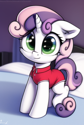 Size: 512x768 | Tagged: safe, imported from derpibooru, sweetie belle, pony, unicorn, ai content, ai generated, bed, clothes, error, female, filly, foal, generator:novelai, generator:stable diffusion, looking at you, on bed, pajamas, solo