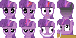Size: 384x192 | Tagged: safe, artist:scootaloormayfly, imported from derpibooru, twilight sparkle, pony, unicorn, angry, cocaine, confused, creepy, creepy smile, drugs, exclamation point, pixel art, question mark, rpg maker, rpg maker vx ace, sad, simple background, smiling, sprite, surprised, transparent background, unicorn twilight