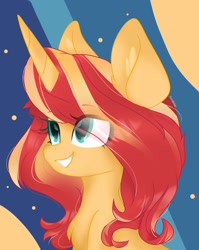 Size: 1314x1650 | Tagged: artist needed, source needed, safe, imported from derpibooru, sunset shimmer, pony, unicorn, bust, eye clipping through hair, smiling, solo