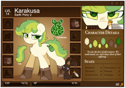 Size: 1886x1328 | Tagged: safe, artist:flixanoa, imported from derpibooru, oc, oc:karakusa, oc:whistle, changeling, earth pony, rabbit, adventurer, animal, bag, boots, close-up, dagger, female, filly, foal, gold, green, green eyes, inventory, item slots, life bar, reference sheet, rpg, saddle bag, shoes, stats, sword, weapon, yellow