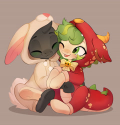 Size: 3889x4056 | Tagged: safe, artist:sofiko-ko, imported from derpibooru, oc, oc only, oc:karakusa, oc:whistle, changeling, earth pony, nymph, animal costume, bell, blushing, bunny costume, clothes, commission, costume, cute, cuteling, dragon costume, female, filly, foal, green eyes, hug, kigurumi, nuzzling, onesie, pajamas, ych result