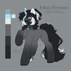 Size: 1600x1600 | Tagged: safe, artist:cofiiclouds, imported from derpibooru, oc, oc only, oc:ethan everson, unicorn, collar, dark skin, gem, green eyes, horn, male, reference sheet, solo, stallion, unicorn oc