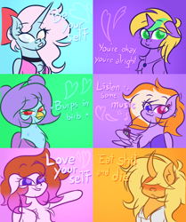 Size: 2580x3090 | Tagged: safe, artist:iceflower99, imported from derpibooru, oc, oc only, oc:buggy brush, oc:darky spell, oc:foggy bismuth, oc:june griffon, oc:sunrise goldhearts, oc:zweet beatz, demon, demon pony, griffon, original species, pegasus, pony, unicorn, birb, chest fluff, choker, clothes, curved horn, daemonequus, dissonant caption, ear fluff, griffon oc, heterochromia, horn, inspirational, jewelry, long horn, necklace, one of these things is not like the others, pegasus oc, shoulder fluff, sweater, text, unicorn oc, vulgar