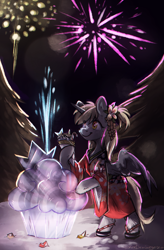Size: 1462x2228 | Tagged: safe, artist:lonerdemiurge_nail, imported from derpibooru, derpy hooves, alicorn, pony, alicornified, bipedal, bipedal leaning, clothes, commission, derpicorn, female, fireworks, food, hoof hold, ice sculpture, kimono (clothing), leaning, mare, muffin, new year, race swap, smiling, solo