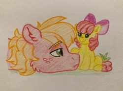 Size: 2047x1524 | Tagged: safe, artist:pink-pone, imported from derpibooru, apple bloom, big macintosh, earth pony, pony, apple bloom's bow, bow, brother and sister, female, filly, foal, hair bow, male, siblings, stallion, traditional art