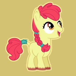 Size: 1440x1440 | Tagged: safe, artist:deermushtoonz, imported from derpibooru, apple bloom, earth pony, pony, braid, female, filly, foal, hair wrap, pigtails, redesign, simple background, solo, tail, tail wrap, twintails, unshorn fetlocks, yellow background
