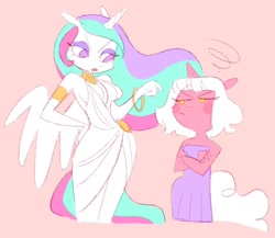 Size: 956x831 | Tagged: safe, artist:shugrcube, imported from derpibooru, princess celestia, oc, alicorn, anthro, unicorn, armlet, blush sticker, blushing, breasts, busty princess celestia, clothes, crossed arms, duo, female, hand on hip, height difference, jewelry, looking at each other, looking at someone, mare, pictogram, pink background, simple background, toga, wide hips