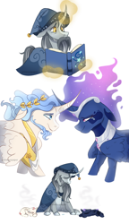 Size: 1280x2226 | Tagged: safe, artist:primrosepaper, imported from derpibooru, princess celestia, princess luna, star swirl the bearded, oc, oc:king morningtide, oc:queen umbra, alicorn, pony, unicorn, baby, baby pony, book, celestia and luna's father, celestia and luna's mother, cewestia, crying, female, filly, foal, horn, horns are touching, male, mare, simple background, stallion, story included, white background, woona, younger