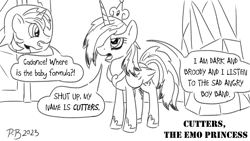 Size: 1200x675 | Tagged: safe, artist:pony-berserker, imported from derpibooru, princess cadance, shining armor, alternate hairstyle, crystal empire, emo, monochrome, pony-berserker's twitter sketches, pony-berserker's twitter sketches (2023), speech bubble