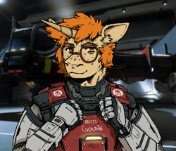 Size: 1463x1261 | Tagged: safe, artist:dwcmarshalarts, imported from derpibooru, oc, oc:golden autumn, anthro, pony, unicorn, armor, freckles, glasses, horn, male, medic, round glasses, science fiction, solo, star citizen, unicorn oc