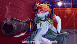 Size: 3500x2000 | Tagged: safe, artist:greenmaneheart, imported from derpibooru, rainbow dash, pony, elements of insanity, belly, can, concave belly, rainbine, rainbine ears, slim, solo, thin, weapon