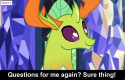 Size: 1920x1235 | Tagged: safe, edit, edited screencap, imported from derpibooru, screencap, thorax, changedling, changeling, comic:celestia's servant interview, triple threat, bronybait, caption, cs captions, cute, cuteling, detailed background, image macro, interview, king thorax, male, smiling, solo, text, thorabetes, twilight's castle