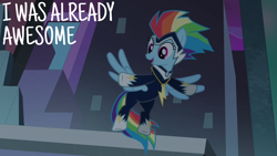 Size: 1920x1080 | Tagged: safe, edit, edited screencap, editor:quoterific, imported from derpibooru, screencap, rainbow dash, zapp, pegasus, pony, power ponies (episode), season 4, female, mare, open mouth, open smile, power ponies, smiling, solo, spread wings, superhero, wings