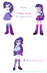 Size: 778x1216 | Tagged: safe, artist:prettycelestia, imported from derpibooru, rarity, twilight sparkle, oc, oc:charoite sparkle, equestria girls, boots, bowtie, bracelet, clothes, eyeshadow, fusion, fusion:rarilight, fusion:rarity, fusion:twilight sparkle, high heel boots, jewelry, long hair, makeup, multiple arms, shoes, simple background, striped mane, vest, white background