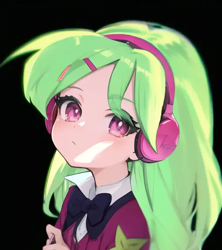 Size: 512x576 | Tagged: safe, editor:luckreza8, imported from derpibooru, lemon zest, human, equestria girls, :i, ai content, ai generated, anime, black background, female, generator:pinegraph, simple background, solo