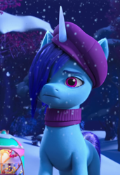 Size: 720x1050 | Tagged: safe, imported from derpibooru, screencap, pony, unicorn, spoiler:g5, spoiler:winter wishday, beret, clothes, cropped, female, g5, hat, mare, my little pony: make your mark, my little pony: make your mark chapter 3, onyx, scarf, snow, snowfall, solo, winter wishday