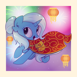 Size: 2000x2000 | Tagged: safe, artist:candy meow, imported from derpibooru, trixie, pony, unicorn, :d, bag, chest fluff, china, chinese, chinese new year, cloak, clothes, cute, diatrixes, ear fluff, fireworks, high res, lantern, lunar new year, open mouth, open smile, paper lantern, smiling, solo
