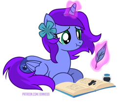 Size: 900x756 | Tagged: safe, artist:jennieoo, imported from derpibooru, oc, oc only, oc:aliss, alicorn, pony, adorable distress, alicorn oc, book, cute, gift art, glowing, glowing horn, horn, ink, inkwell, magic, magic aura, oops, patreon, patreon reward, puffy cheeks, quill, sad, scrunchy face, show accurate, simple background, solo, telekinesis, transparent background, vector, wings