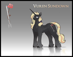 Size: 3800x3000 | Tagged: safe, alternate version, artist:nsilverdraws, artist:veen, imported from derpibooru, oc, oc only, oc:vuren sundown, pony, unicorn, arrow, bowtie, cane, cutie mark, female, gradient background, horn, long horn, mare, reference sheet, reflection, solo, sundown clan, unicorn oc