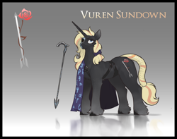 Size: 3800x3000 | Tagged: safe, artist:nsilverdraws, artist:veen, imported from derpibooru, oc, oc only, oc:vuren sundown, pony, unicorn, arrow, bowtie, buckle, cane, cloak, clothes, cutie mark, female, gradient background, horn, long horn, magic, mare, mask, reference sheet, reflection, runes, solo, sundown clan, unicorn oc