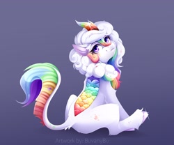 Size: 3543x2953 | Tagged: safe, artist:buvanybu, imported from derpibooru, oc, oc only, oc:cloudy canvas, kirin, :3, kirin oc, looking at you, looking back, looking back at you, rainbow colors, smiling, solo