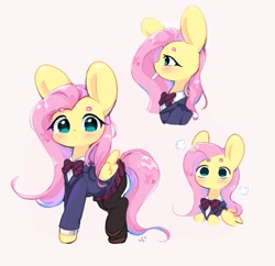 Size: 2048x1986 | Tagged: safe, artist:bubbletea, imported from derpibooru, fluttershy, pegasus, pony, bowtie, clothes, flutter can't communicate, jacket, komi can't communicate, no mouth, shouko komi, skirt, solo, stockings, thigh highs