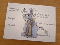 Size: 4032x3024 | Tagged: safe, artist:yognaughtsteve, imported from derpibooru, princess luna, alicorn, pony, alternate hairstyle, clothes, ear piercing, hoodie, mass effect, piercing, solo, tattoo, text, traditional art