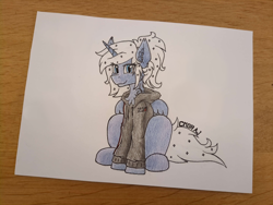Size: 4032x3024 | Tagged: safe, alternate version, artist:yognaughtsteve, imported from derpibooru, princess luna, alicorn, pony, alternate hairstyle, clothes, ear piercing, hoodie, mass effect, piercing, solo, tattoo, text, traditional art