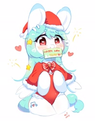 Size: 1608x2048 | Tagged: safe, artist:bubbletea, imported from derpibooru, oc, oc only, oc:uki, pegasus, pony, blushing, christmas, happy new year, hat, heart, holiday, mouth hold, santa hat, simple background, solo, white background