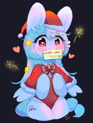 Size: 1546x2048 | Tagged: safe, alternate version, artist:bubbletea, imported from derpibooru, oc, oc only, oc:uki, pegasus, pony, blushing, christmas, happy new year, hat, heart, holiday, mouth hold, santa hat, solo